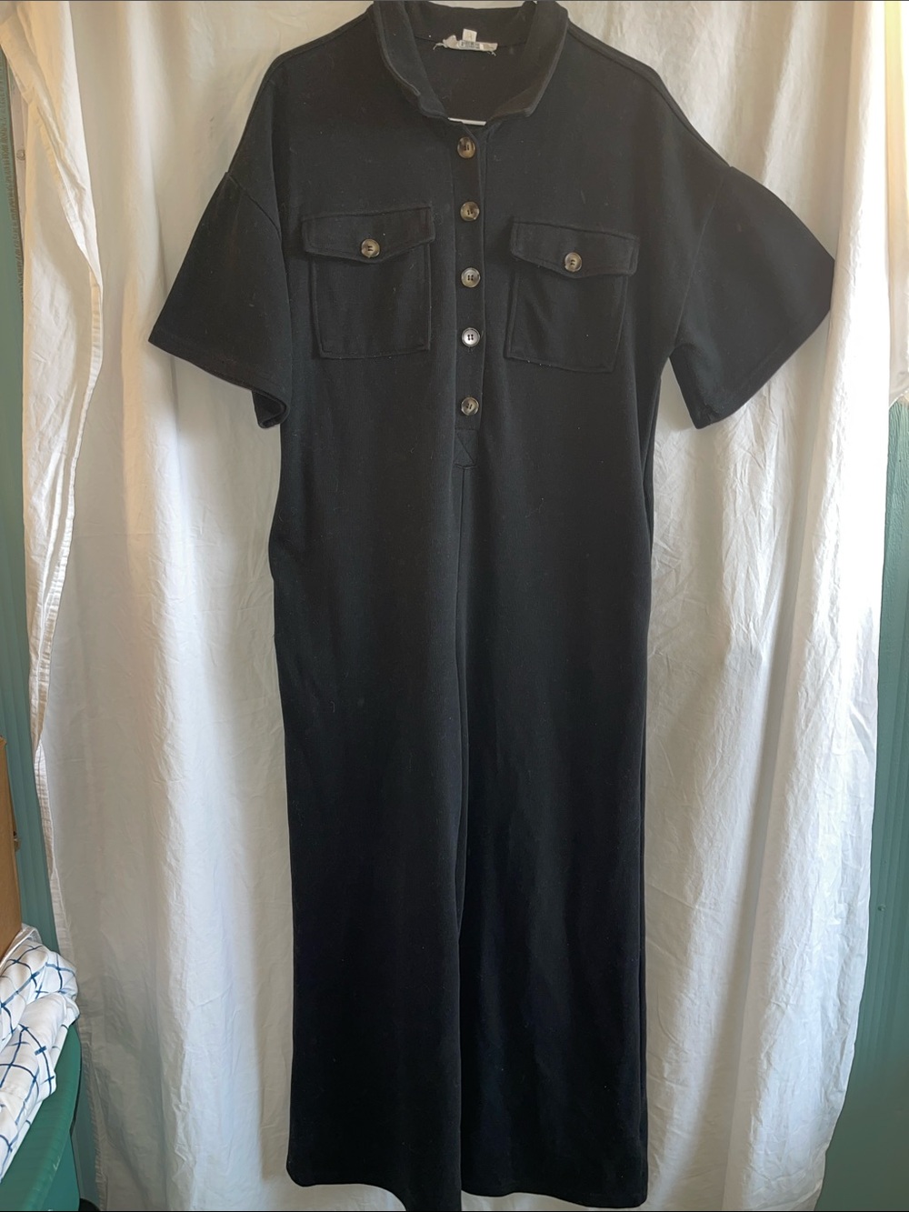 Jade by Jane Black Short-Sleeve Button-Front Jumpsuit Size M